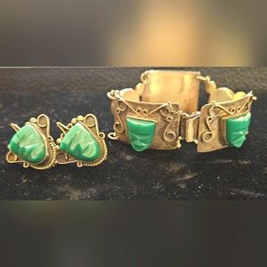Vintage Silver w/ Green Onyx Bracelet and Earrings Taxco Mexico *Rare*